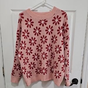 Pink and Red Floral Crew Neck Sweater